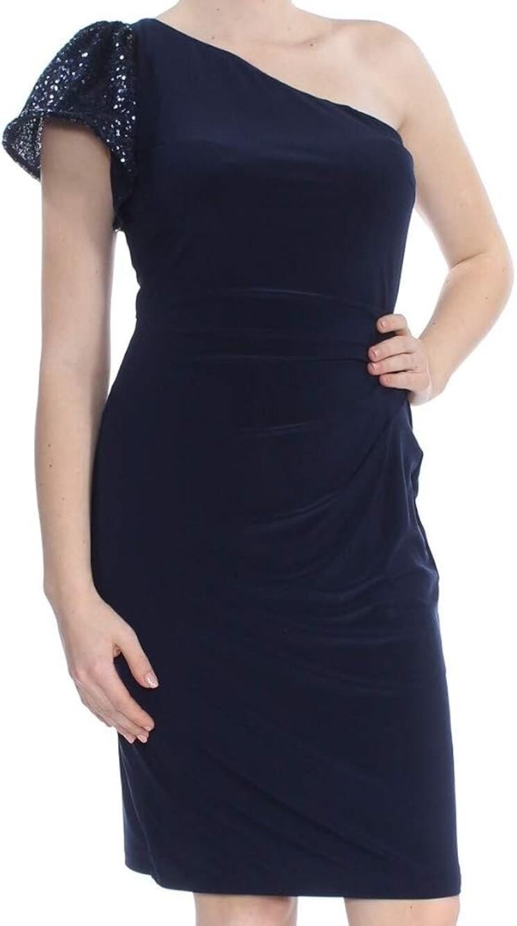 Lauren Ralph Lauren Navy One Shoulder Sequin Accent Cocktail Dress Size 14